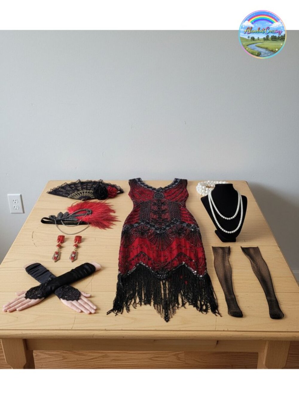 1920s Flapper Dress Set Lace Fan Feather Headband Sequins Beads Fringe Costume